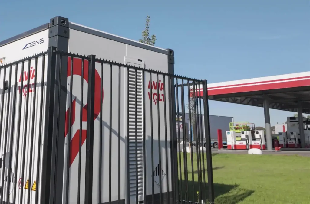 Battery container in front of gasstation